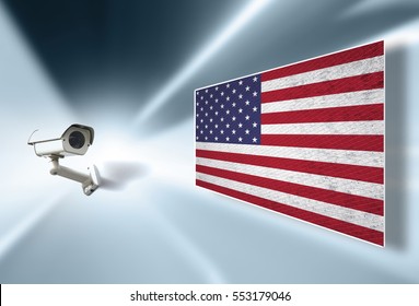 Cctv Surveillance Camera Monitoring And Displays United States Of America Textured Flag On The Illustrated Screen. 3D Illustration.