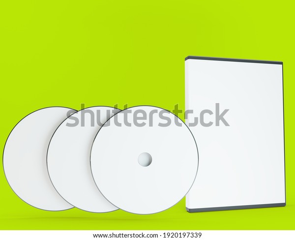 CD, DVD\
template. CD, DVD case and computer three discs on a green\
background. 3d rendering. 3d\
illustration