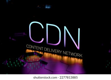 CDN Content Delivery Network text concept neon.CDN network infrastructure. 3D render.