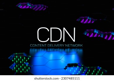 CDN Content Delivery Network text concept neon.CDN network infrastructure. 3D render.
