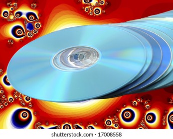 CDs DVDs Blu-ray Stack of Blue Disks Discs with Psychedelic Bright Orange Fractal Background