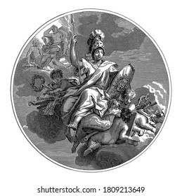 Ceiling piece with the goddess Minerva, enthroned on the clouds with helmet, spear and shield, vintage engraving.