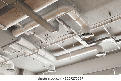 Ceiling view of MEP (Mechanical, Electrical, and Plumbing) systems, showcasing organized installation of HVAC ducts, fire protection pipes.3d rendering