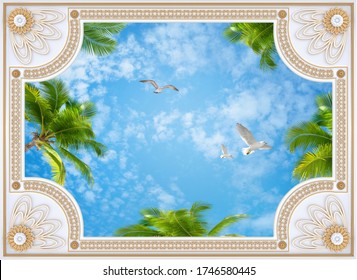 Ceiling wallpapers collage whith gold gypsum molding, sky, palm trees, birds 3d rendering