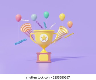 Celebrate Champion 1st Winner Concept. Trophy Cup And Party Popper Colorful Baloon Floating On Purple Background. Cute Smooth. 3d Render Illustration