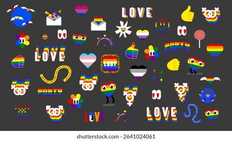 Celebrate love, freedom, and self-expression with this vibrant pack of 47 LGBT Pride stickers. Bold rainbow colors and transparent backgrounds make them easy to use in any project.