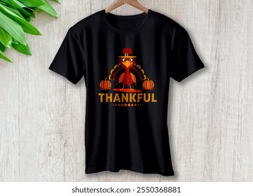 Celebrate Thanksgiving with the simple yet meaningful "Thankful" design on a black t-shirt, featuring a turkey vector. Perfect for showing gratitude and festive spirit this holiday season. - Powered by Shutterstock