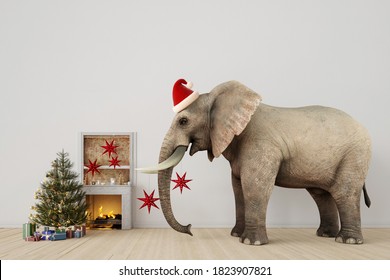 Celebrating funny christmas with elephant next to christmas tree and fireplace at home (3d rendering)