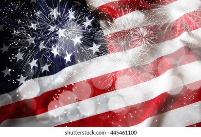 Celebrating Independence Day. United States of America USA flag with fireworks background for 4th of July - Shutterstock ID 445461100
