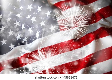 Celebrating Independence Day. United States of America USA flag with fireworks background for 4th of July - Shutterstock ID 445881475