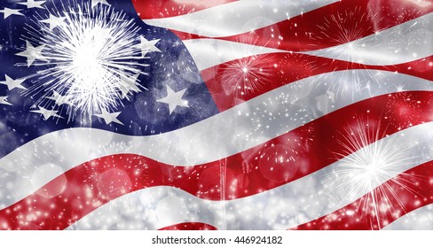 Celebrating Independence Day. United States of America USA flag with fireworks background for 4th of July - Shutterstock ID 446924182