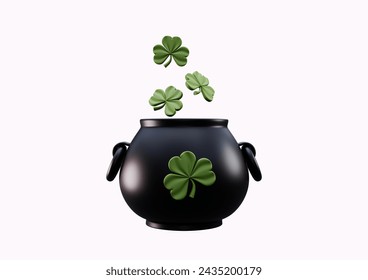 Celebrating St. Patrick's Day black pot with clover full of gold coins 3d render isolated on white background. Banner template for St. Patrick's Day holiday - Powered by Shutterstock