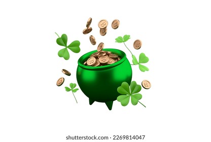 Celebrating St. Patrick's Day. Pot of gold with clover and gold coins isolated on white background. 3d rendering - Powered by Shutterstock