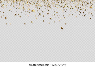 Celebration Background Template With Confetti And Gold Ribbons. Luxury Greeting Rich Card. Flying Tinsel Elements, Gold Foil Texture Serpentine Streamers Confetti Falling Party. 