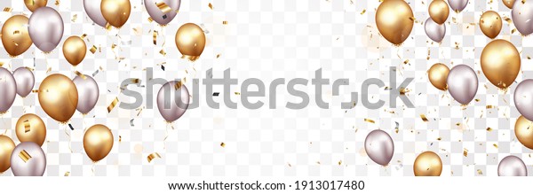 Celebration banner\
with gold confetti and\
balloons