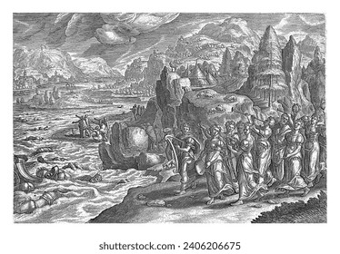 Celebration of the Fall of the Egyptian Army, Julius Goltzius, after Hans Bol, 1586 The Egyptian army drowns in the Red Sea. In the foreground, the prophetess Miriam and a procession of women.
