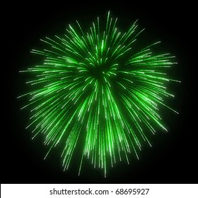 Celebration: Green Festive Fireworks At Night Over Black Background