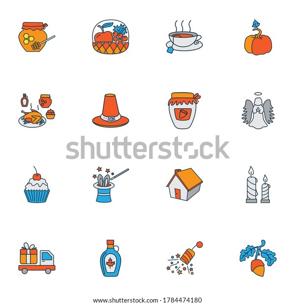 Celebration icons colored line set\
with thanksgiving hat, magicians hat, acorn and other truck\
surprise elements. Isolated illustration celebration\
icons.