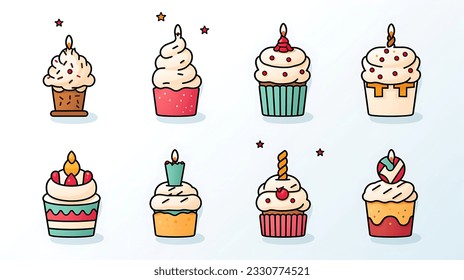 Celebratory Delights: Birthday Cakes Clipart with Candles, Cake illustrations, Birthday celebration theme, Whimsical design, Colorful cake graphics, Joyful birthday imagery, Multipurpose clipart set.  - Powered by Shutterstock