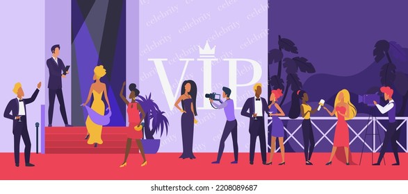 Celebrity Party Illustration. Cartoon Actor Man Woman, Hollywood Stars Characters Walking, Vip Persons Giving Interview, Famous Celebrity People Posing To Photographers On Red Carpet Background