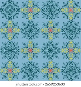 Celestial Bloom: Kaleidoscopic Geometry in Blue and Gold pattern seamless