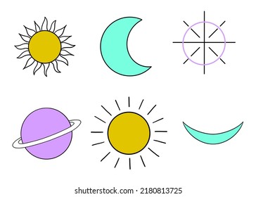 Celestial Bodies Illustration Of The Sun Moon Of The Planet.Slavic Signs And Symbols.Pagan Objects.Collection Of Set Icons For Design