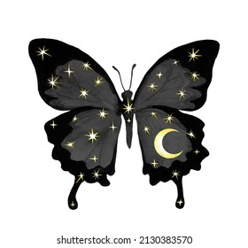 Celestial Butterfly With Stars And Moon. Beautiful Fantasy Watercolor Insect With Night Sky, Space For Esoteric Tattoo, Sacred, Universe Design