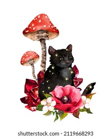 Celestial Cat With Mystic Mushrooms, Flowers, Magic Crystals And Stars. Modern Watercolor Illustration. Amanita Muscaria And Witch Animal In Beautiful Art For Trendy T-shirt, Sticker, Tattoo Designs.