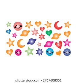 Celestial Celebration: A vibrant array of stars, moons, planets, and hearts, each radiating a spectrum of colors, adorns a deep black canvas, creating a whimsical and joyful composition.