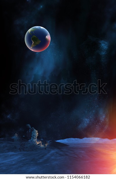 Celestial digital art, earth plant from moon\
surface viewpoint, stars and galaxies in outer space showing the\
beauty of space exploration. Planet texture furnished by NASA, 3d\
Render, 3d\
Illustration