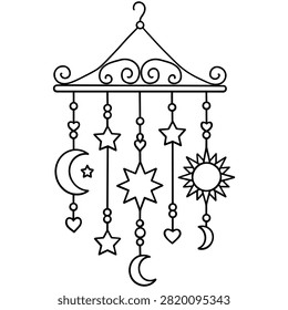 Celestial Hanging Mobile with Moon Sun and Stars Line Art