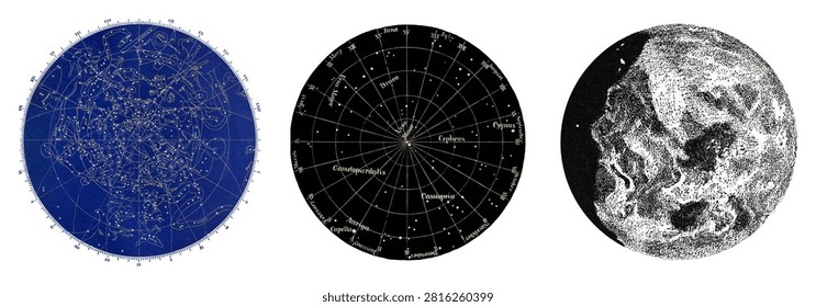 Celestial maps showcasing constellations, vintage art element set.