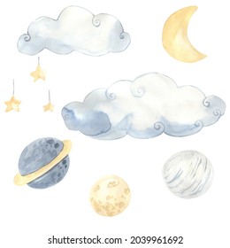 Celestial Watercolor Illustration. Clouds, Moon, Stars, Planets