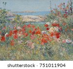 CELIA THAXTERS GARDEN, ISLES OF SHOALS, MAINE, by Childe Hassam, 1890, American oil painting. Poet Celia Thaxters salon was a gathering place for artists who summered nearby. Hassams style had become