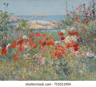 CELIA THAXTERS GARDEN, ISLES OF SHOALS, MAINE, by Childe Hassam, 1890, American oil painting. Poet Celia Thaxters salon was a gathering place for artists who summered nearby. Hassams style had become