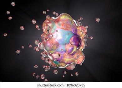 Cell apoptosis, a process of programmed cell destruction that occurs in multicellular organisms, 3D illustration showing changes in cellular morphology, blebbing, cell shrinkage