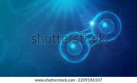 Cell Coding and Cell Reprogramming - An Engineered Cell Undergoes Division on Abstract Blue Background - Conceptual Illustration Foto d'archivio © 