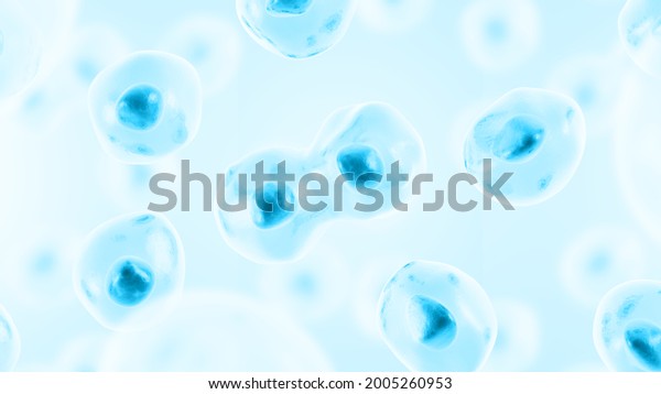 Cell division. Cell divides into two cells.\
Blue color. 3d\
illustration.