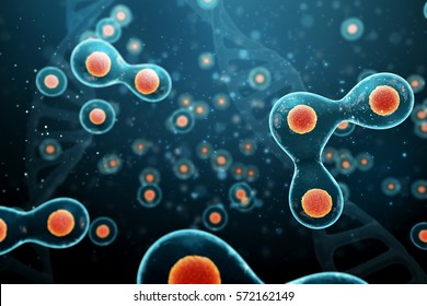 Cell Division On A Dark Blue Background. 3d Render.