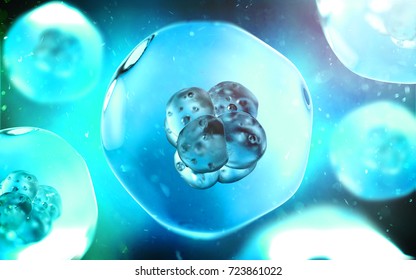 Cell Division On A Dark Blue Background. 3D Illustration