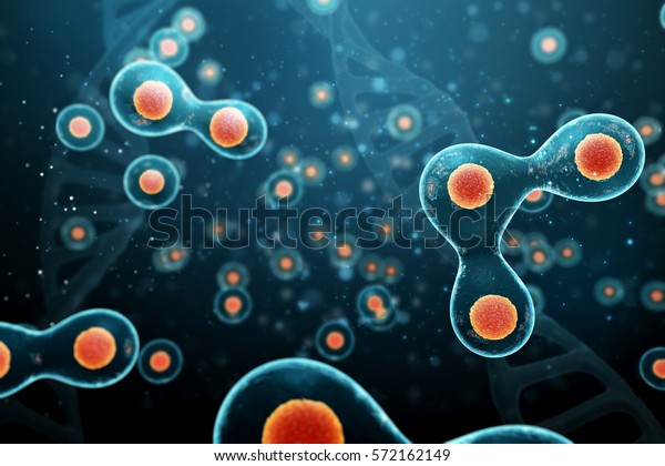 Cell\
division on a dark blue background. 3d\
render.