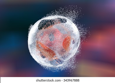 Cell lysis. Destruction of a cell. Can be used to illustrate effect of drugs, medicines, microbes, nanoparticles, apoptosis
