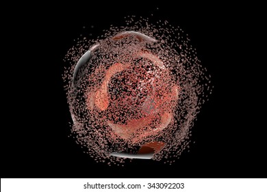Cell lysis. Destruction of a cell isolated on black background. Can be used to illustrate effect of drugs, medicines, microbes, nanoparticles, apoptosis
