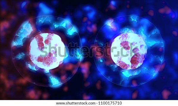 Cell mitosis. Cellular division of\
cell-like lifeform. Microbiology illustration of cells duplicating.\
Biology scientific concept of birth and life. UHD\
4K