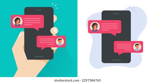 Cell phone chat text message sms mobile app icon flat graphic illustration, cellphone smartphone screen with online talk dialogue bubble speech in person hand image design image