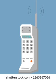 Cell phone with telephone number on the screen. Isolated. Retro style, vintage phone with buttons. 80s - 90s time. Digital art, illustration of first mobile. 