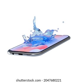 A cell phone with water splashing off the screen. 3D rendering