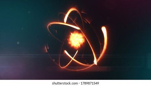 Cell Structure Of An Atom With Nucleus Under An Electron Microscope. Energized Atom With Force Field