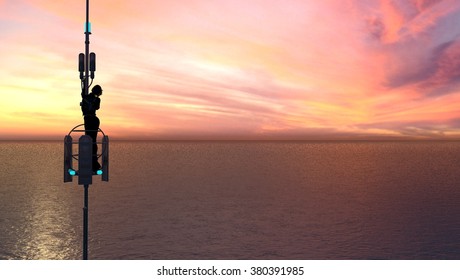 Cell Tower Worker At Sunset