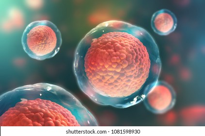 Cells of the body under a microscope. Research of stem cells. Cellular Therapy and Regeneration. 3D illustration